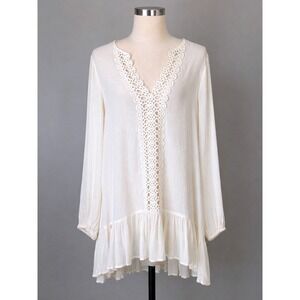 Eberly Ivory Crochet Lace Cover Up L Boho Beach Cottagecore Sheer Ruffle Tunic